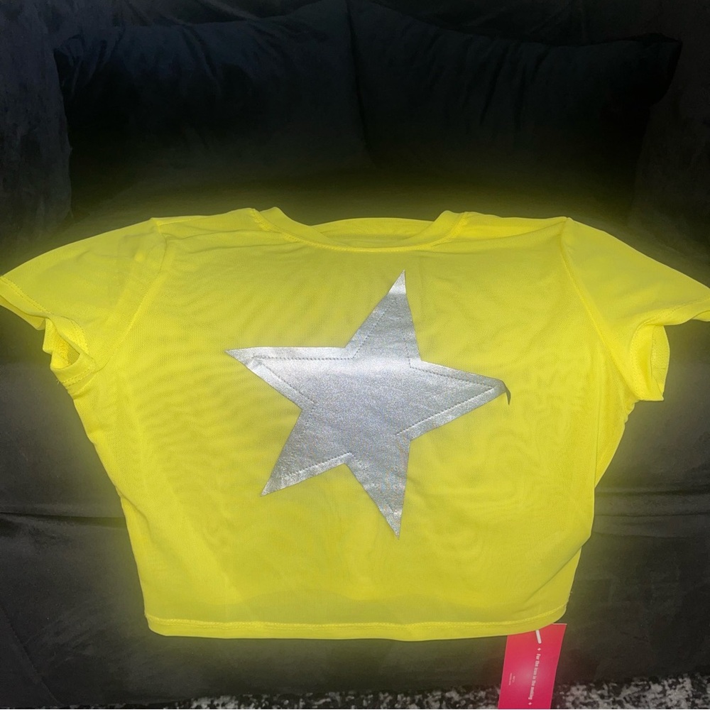 NWT Mesh Neon Yellow Crop Top with Silver Star Patch